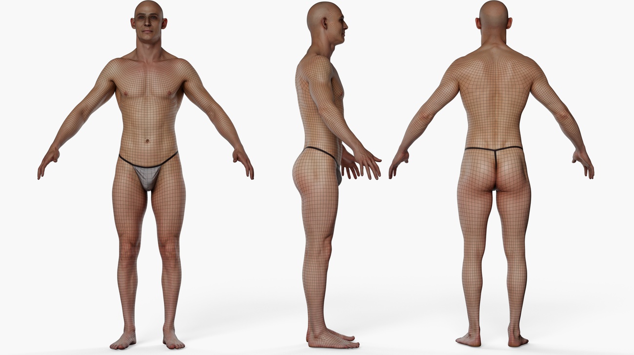 Wireframe topology overlay on a lean athletic male 3D body scan showing clean quad mesh edge loops across the full body